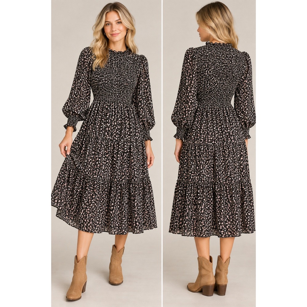 Fall Midi Dress Women 3XL Black Excellent Smocked Ditsy Floral Long Sleeve